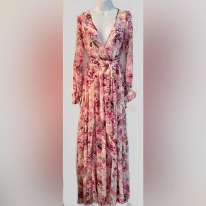 Pink Romantic floral chiffon long flowing maxi dress with long sleeves